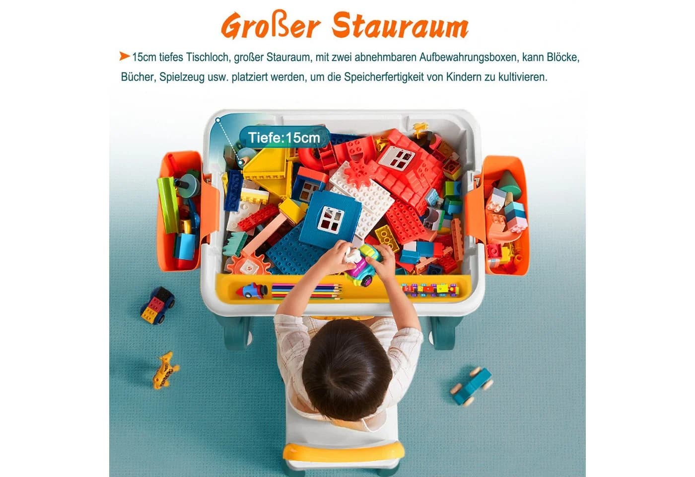 FIVMEN Kindersitzgruppe Höhenverstellbarer Kindertisch mit Stühle Set Spieltisch mit Blocks, 300-tlg - Bild 5