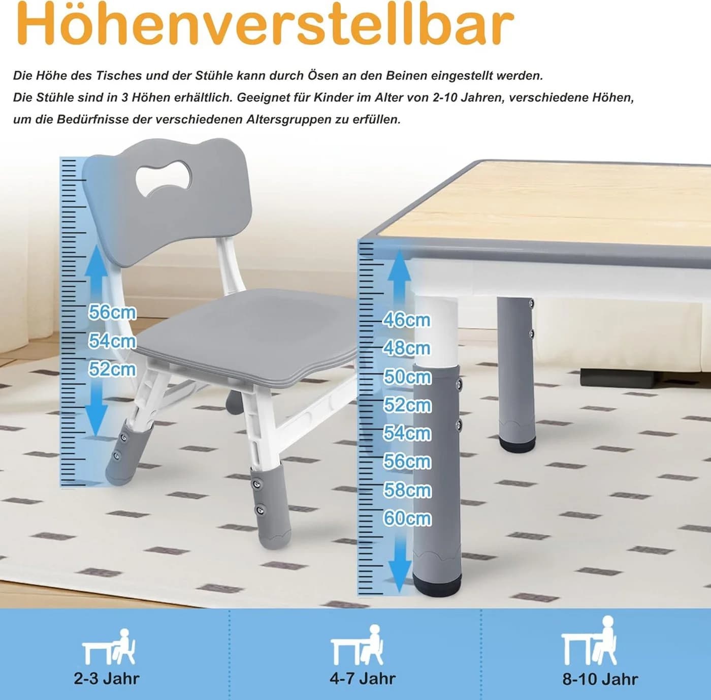 FIVMEN Kindersitzgruppe Kindertisch 4 Stühle Set Höhenverstellbar Grau - Bild 3