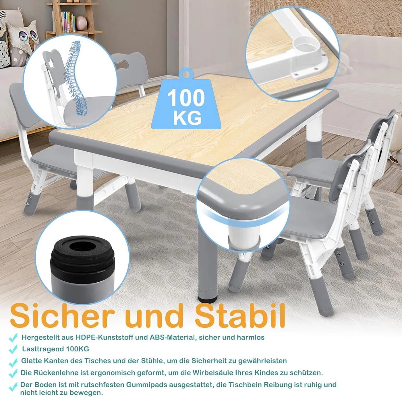 FIVMEN Kindersitzgruppe Kindertisch 4 Stühle Set Höhenverstellbar Grau - Bild 4