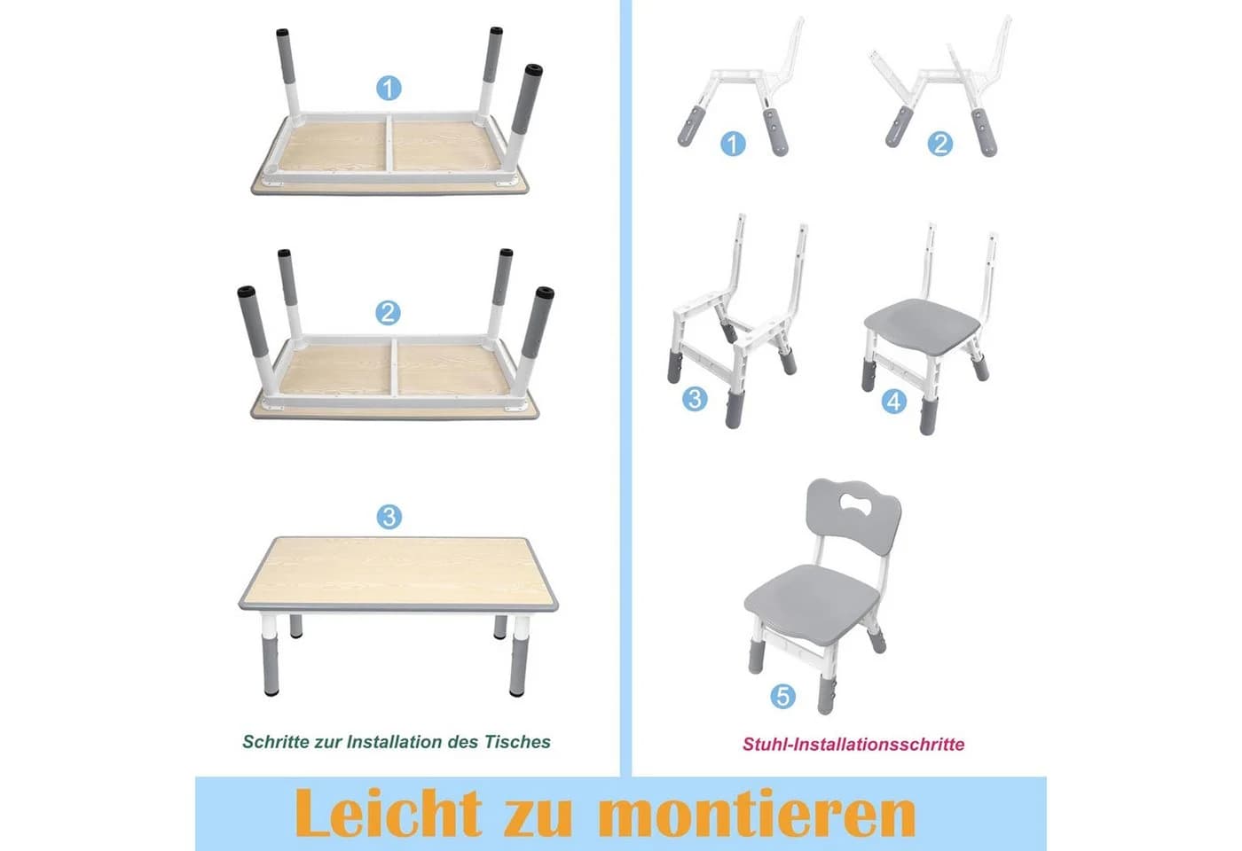 FIVMEN Kindersitzgruppe Kindertisch 4 Stühle Set Höhenverstellbar Grau - Bild 5