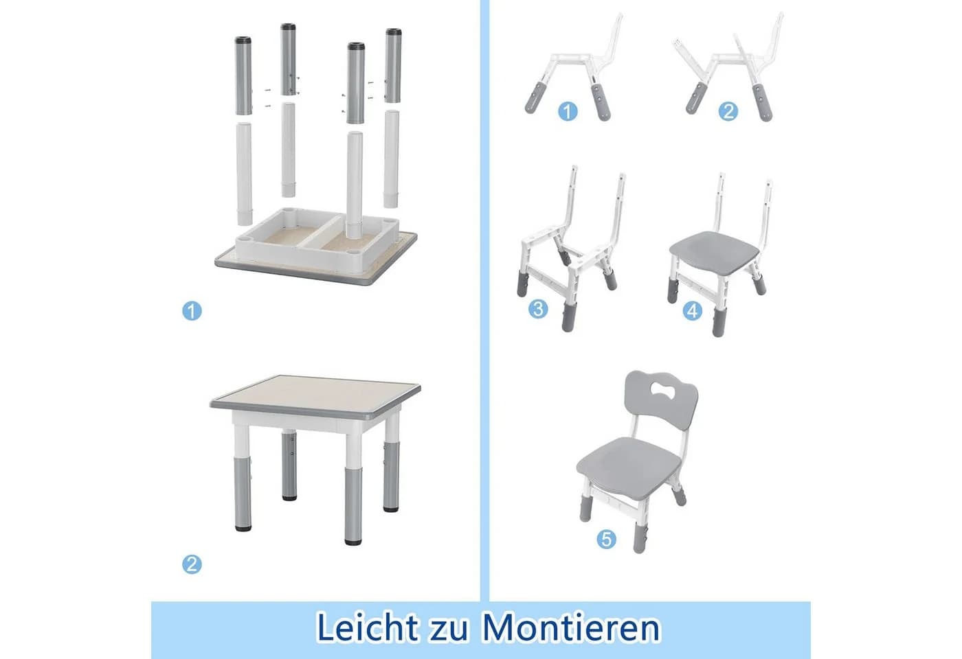 FIVMEN Kindersitzgruppe Kindertisch 2 Stühle Set Höhenverstellbar Grau - Bild 3