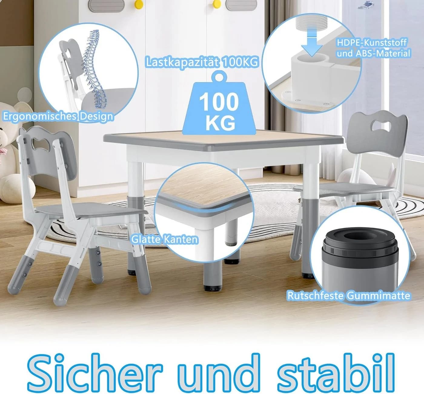 FIVMEN Kindersitzgruppe Kindertisch 2 Stühle Set Höhenverstellbar Grau - Bild 4