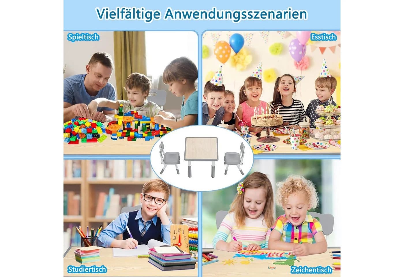 FIVMEN Kindersitzgruppe Kindertisch 2 Stühle Set Höhenverstellbar Grau - Bild 5