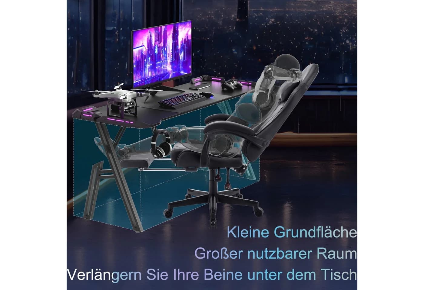 FIVMEN Gaming-Schreibtisch A-förmig mit LED Schwarz - Bild 4
