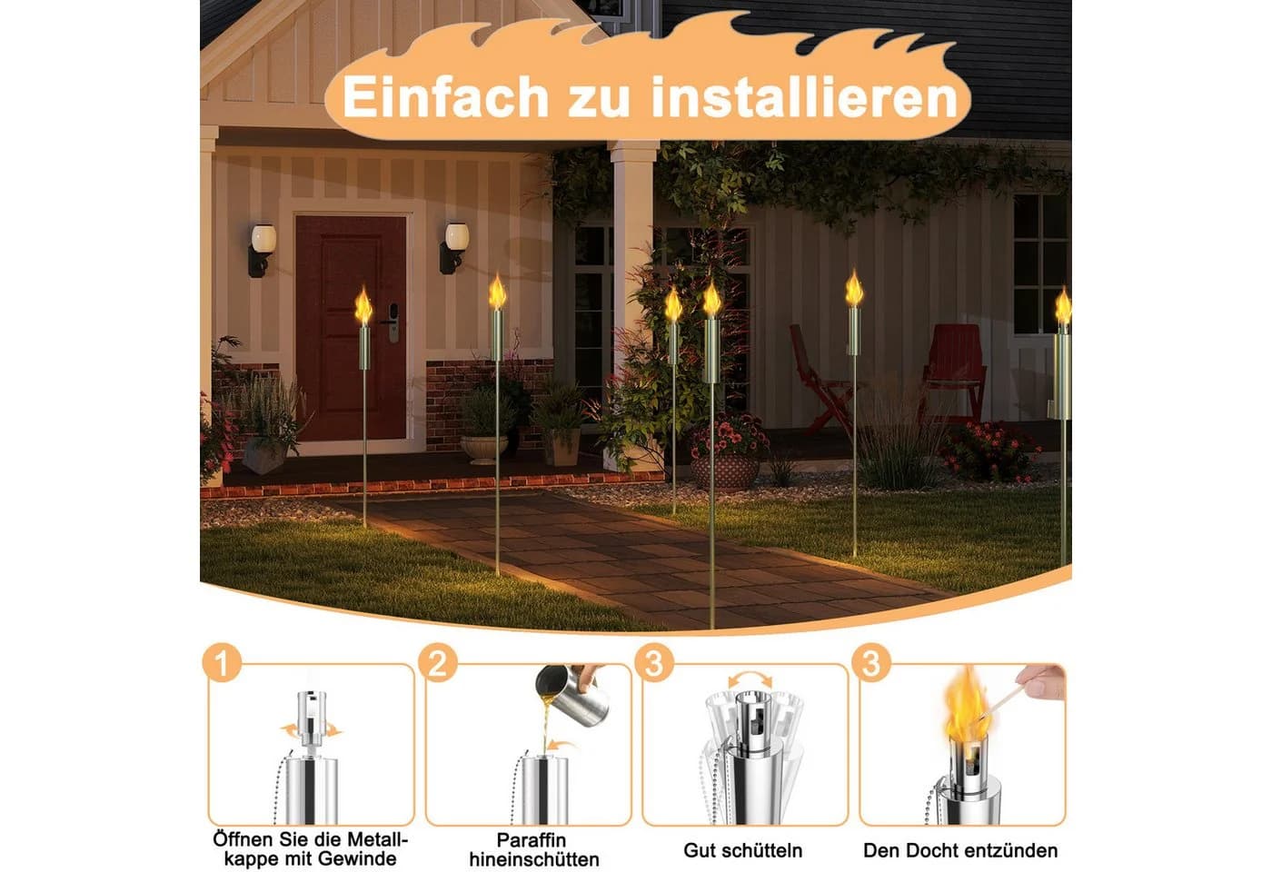 FIVMEN 6x Edelstahl Gartenfackel Silber mit Docht - Bild 5