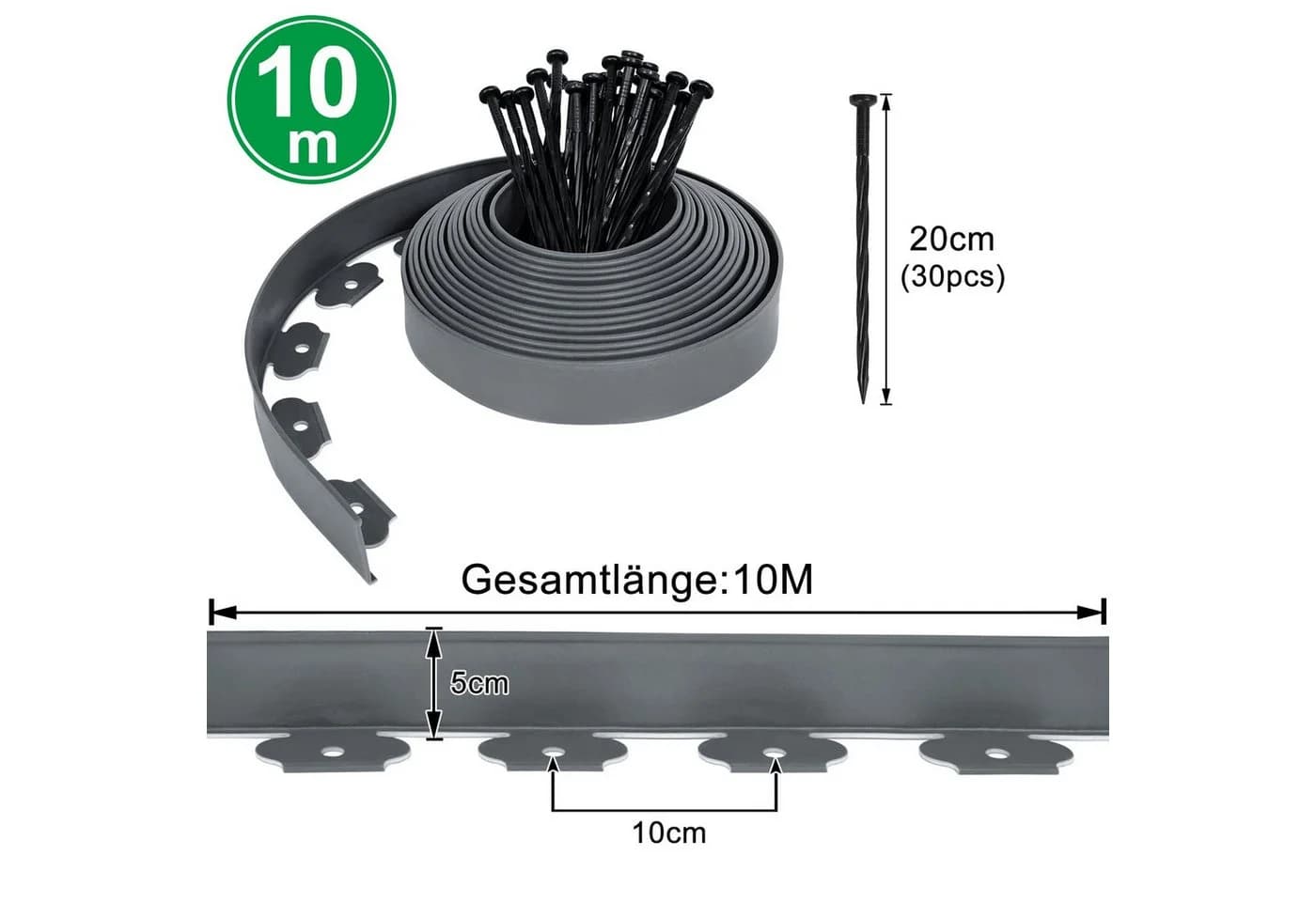 FIVMEN Rasenkante Kunststoff 10m Flexibel Schwarz/Hellgrau/Grün