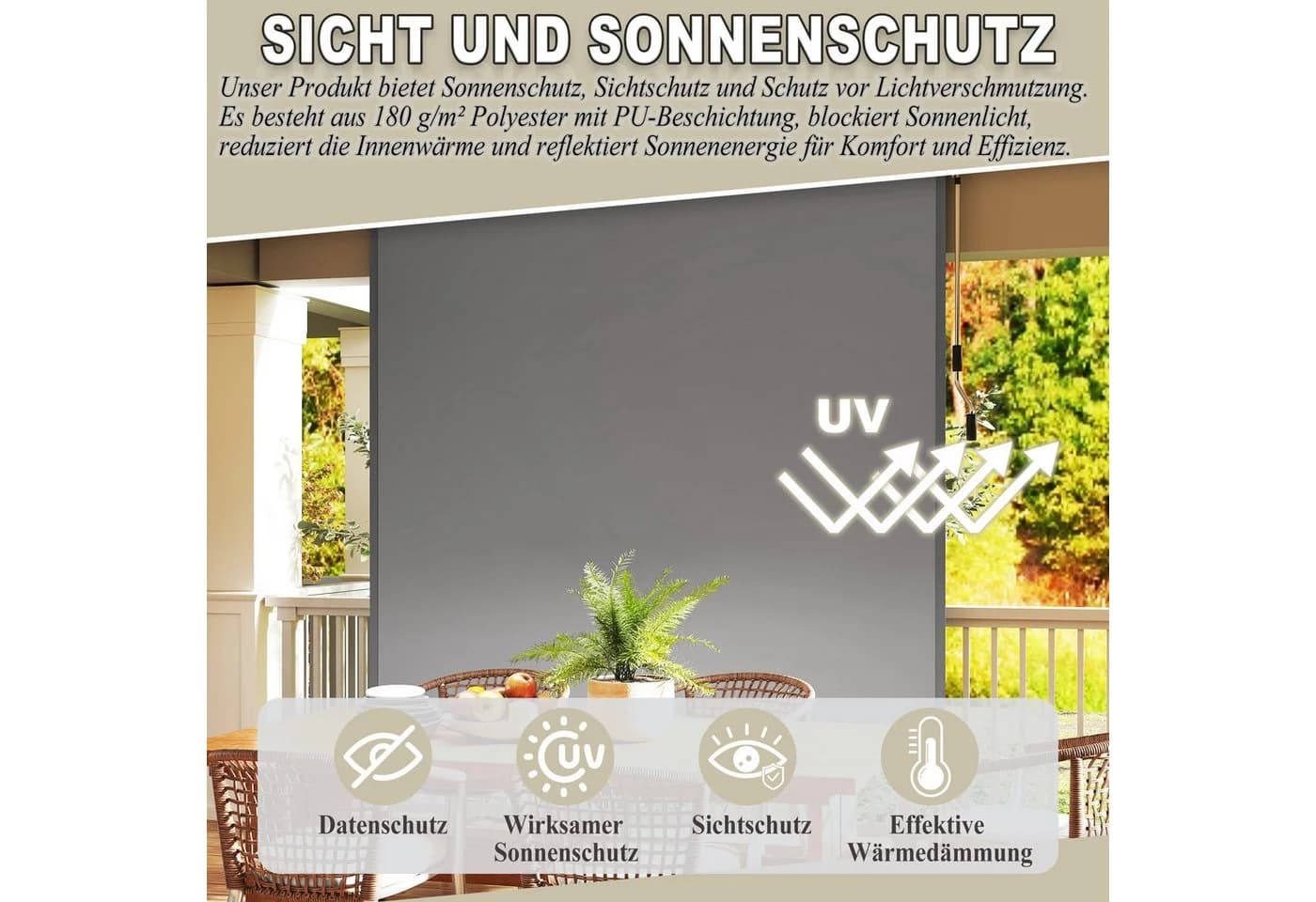FIVMEN Seitenarmmarkise Vertikalmarkise Grau Windschutz