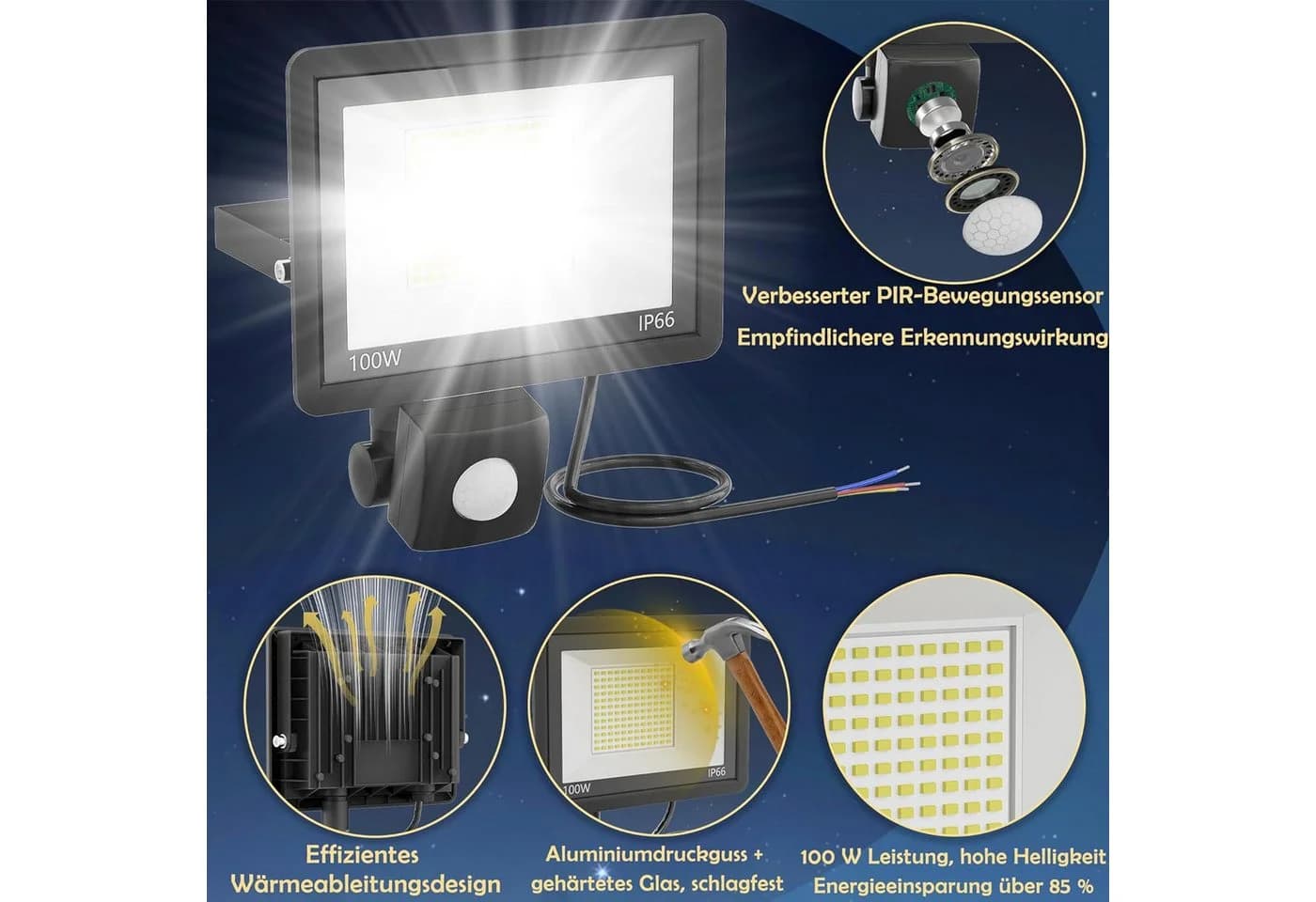 FIVMEN LED Flutlichtstrahler 100W Bewegungsmelder Schwarz - Bild 3