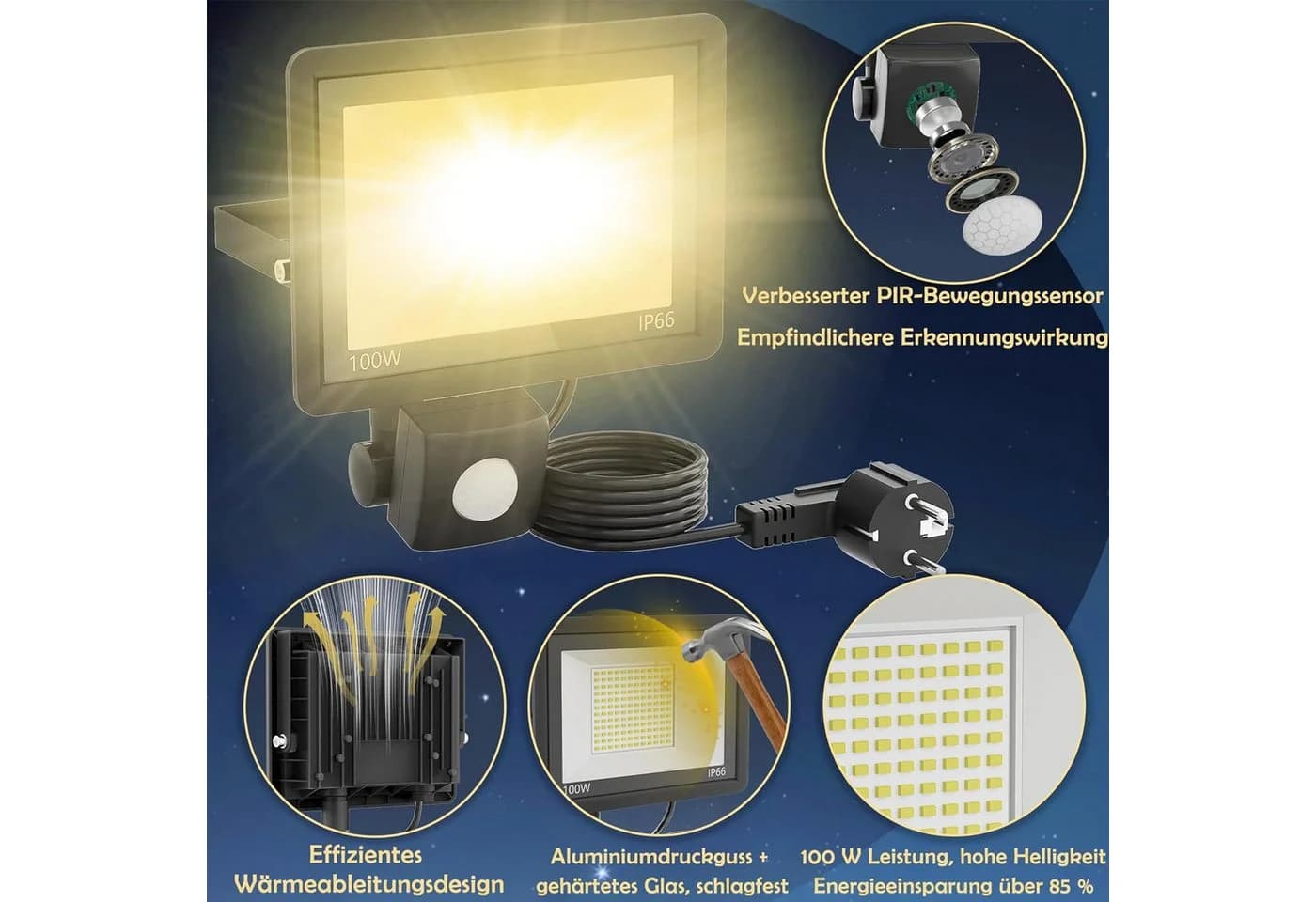 FIVMEN LED Flutlichtstrahler 100W mit Bewegungsmelder Schwarz - Bild 3