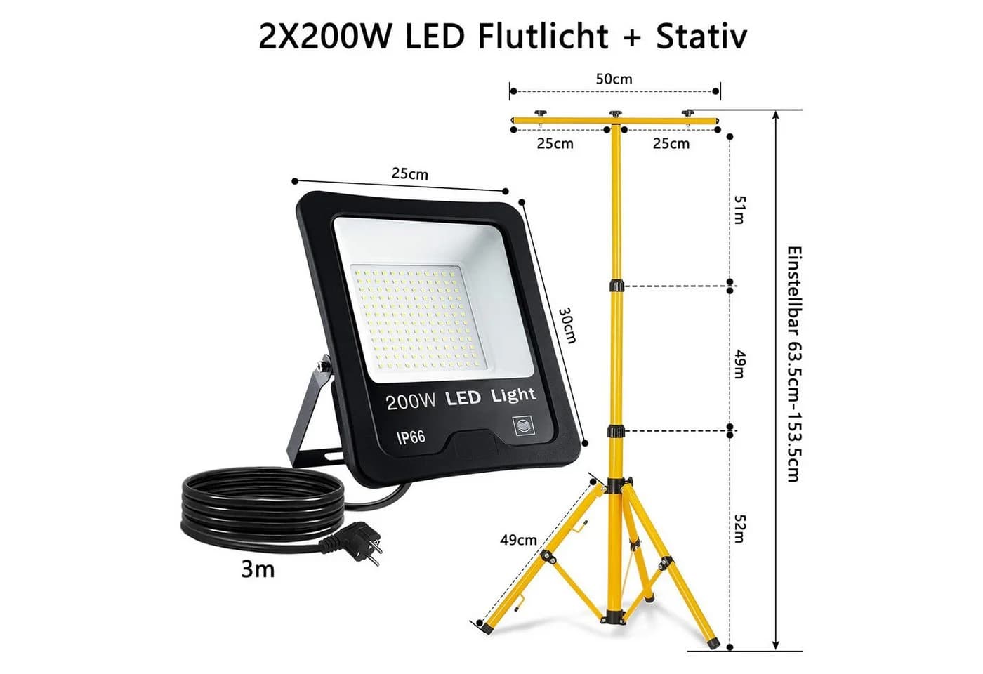 LED Flutlichtstrahler mit verstellbarem Stativ und 3m Kabel