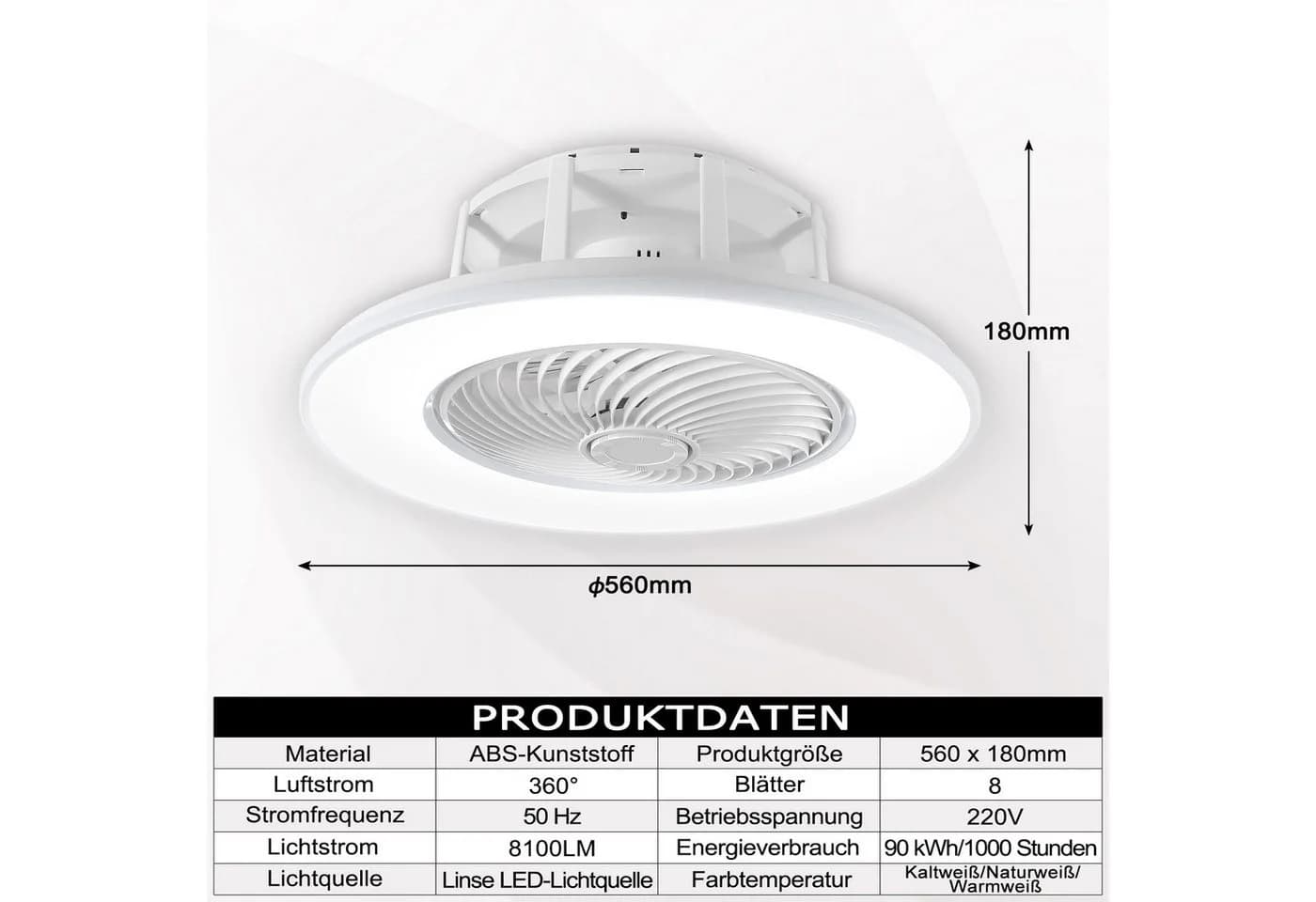 FIVMEN Deckenventilator mit LED-Beleuchtung, dimmbar, weiß