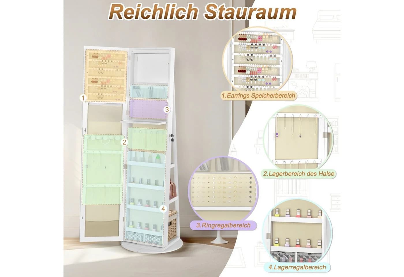 FIVMEN Schmuckschrank Spiegelschrank Weiß/Schwarz mit LED - Bild 4