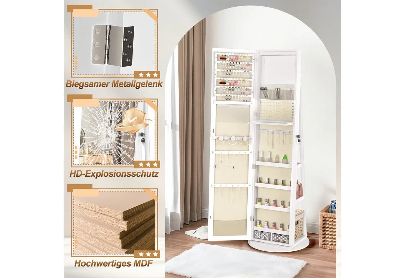 FIVMEN Schmuckschrank Spiegelschrank Weiß/Schwarz mit LED - Bild 5