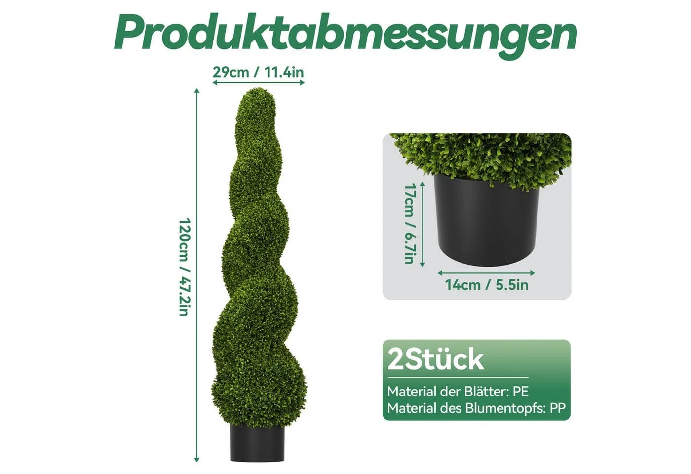 FIVMEN 2x Künstlicher Spiral-Buchsbaum 120cm mit Topf