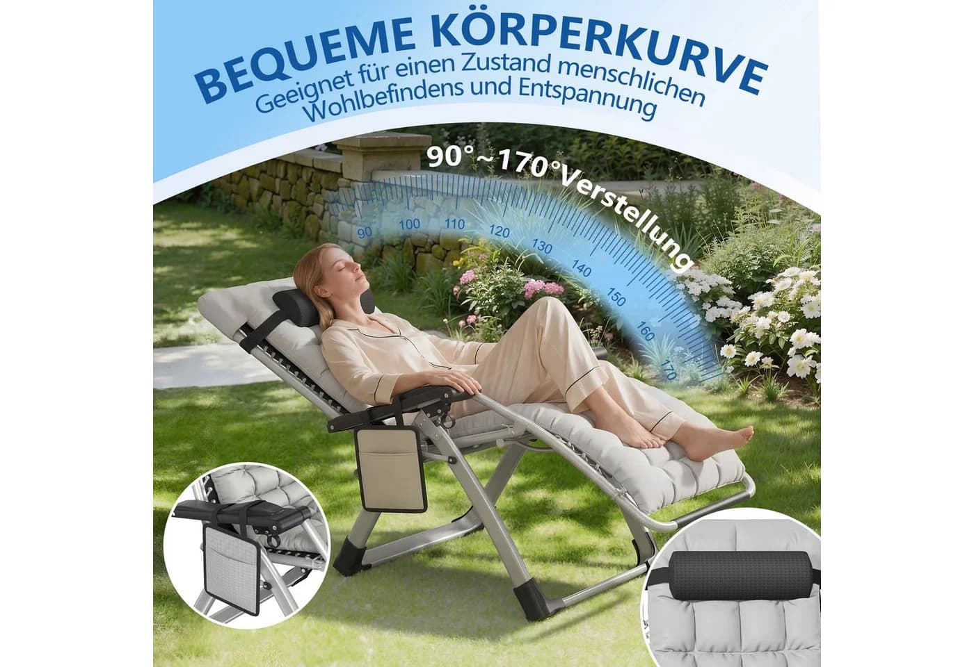 FIVMEN Gartenliege Sonnenliege Grau Schwarz Klappbar mit Sonnendach - Bild 5
