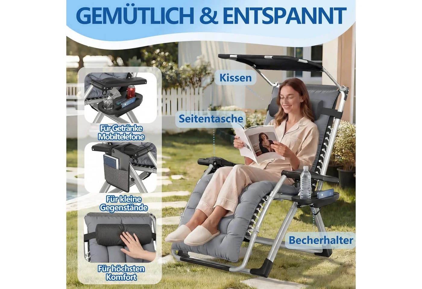 FIVMEN Gartenliege klappbar mit Sonnendach grau - Bild 4
