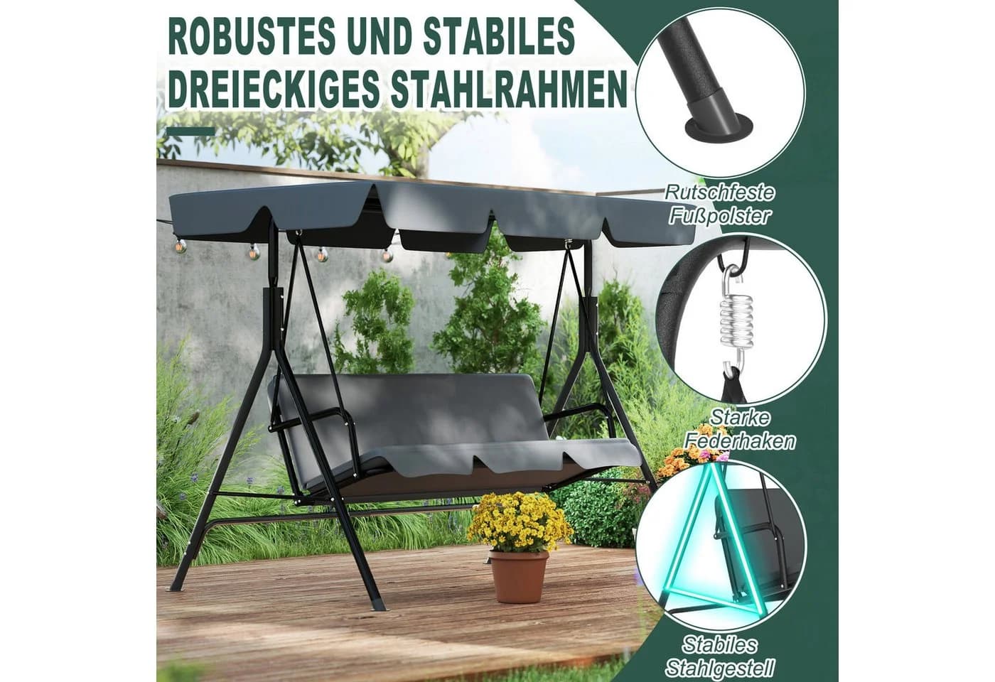 FIVMEN Hollywoodschaukel 3-Sitzer Gartenliege Metall - Bild 4