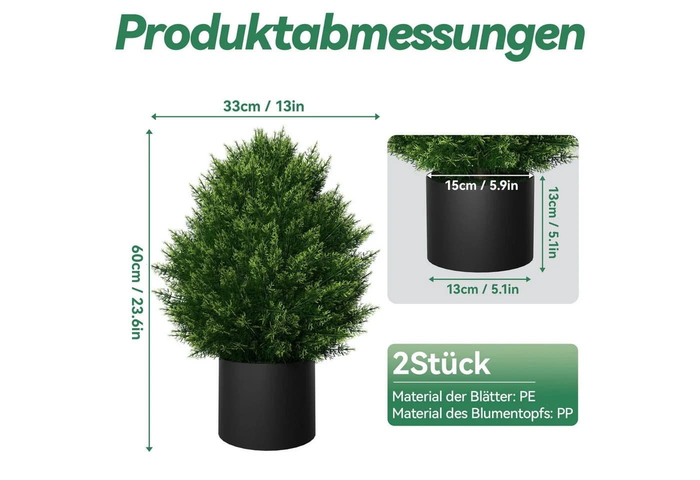 FIVMEN 2x Künstlicher Buchsbaum 58cm mit Topf Grün
