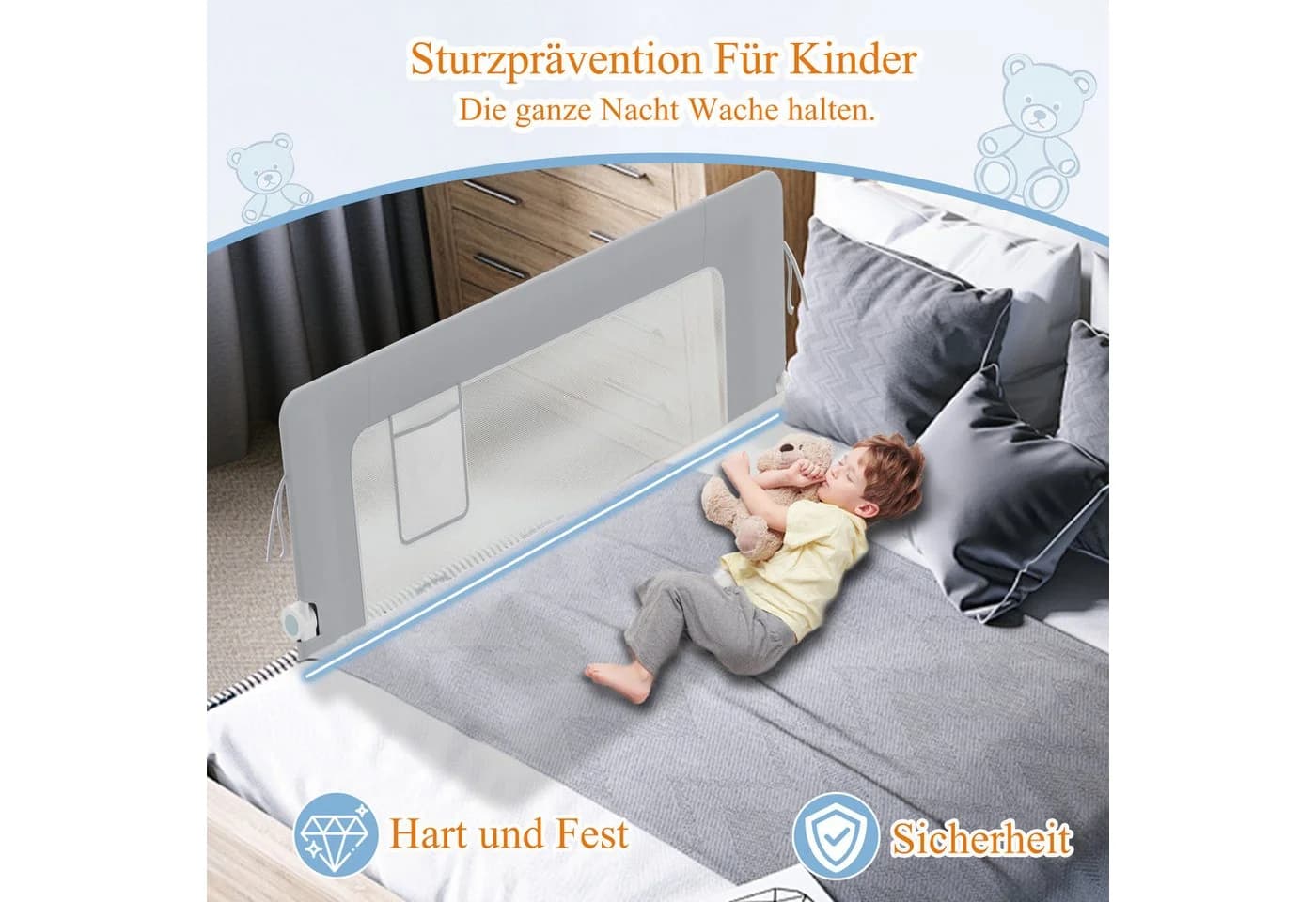 FIVMEN Bettschutzgitter Grau Höhenverstellbar Zusammenklappbar - Bild 3