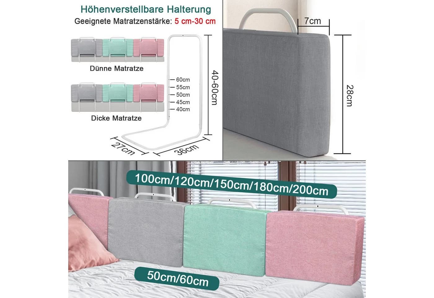 FIVMEN Bettschutzgitter 40-60cm Höhenverstellbar Leinengrau/Seegrün/Kirschrosa