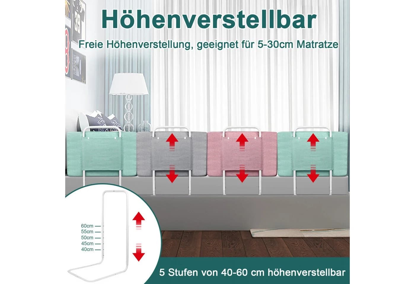FIVMEN Bettschutzgitter 40-60cm Höhenverstellbar Leinengrau/Seegrün/Kirschrosa - Bild 3