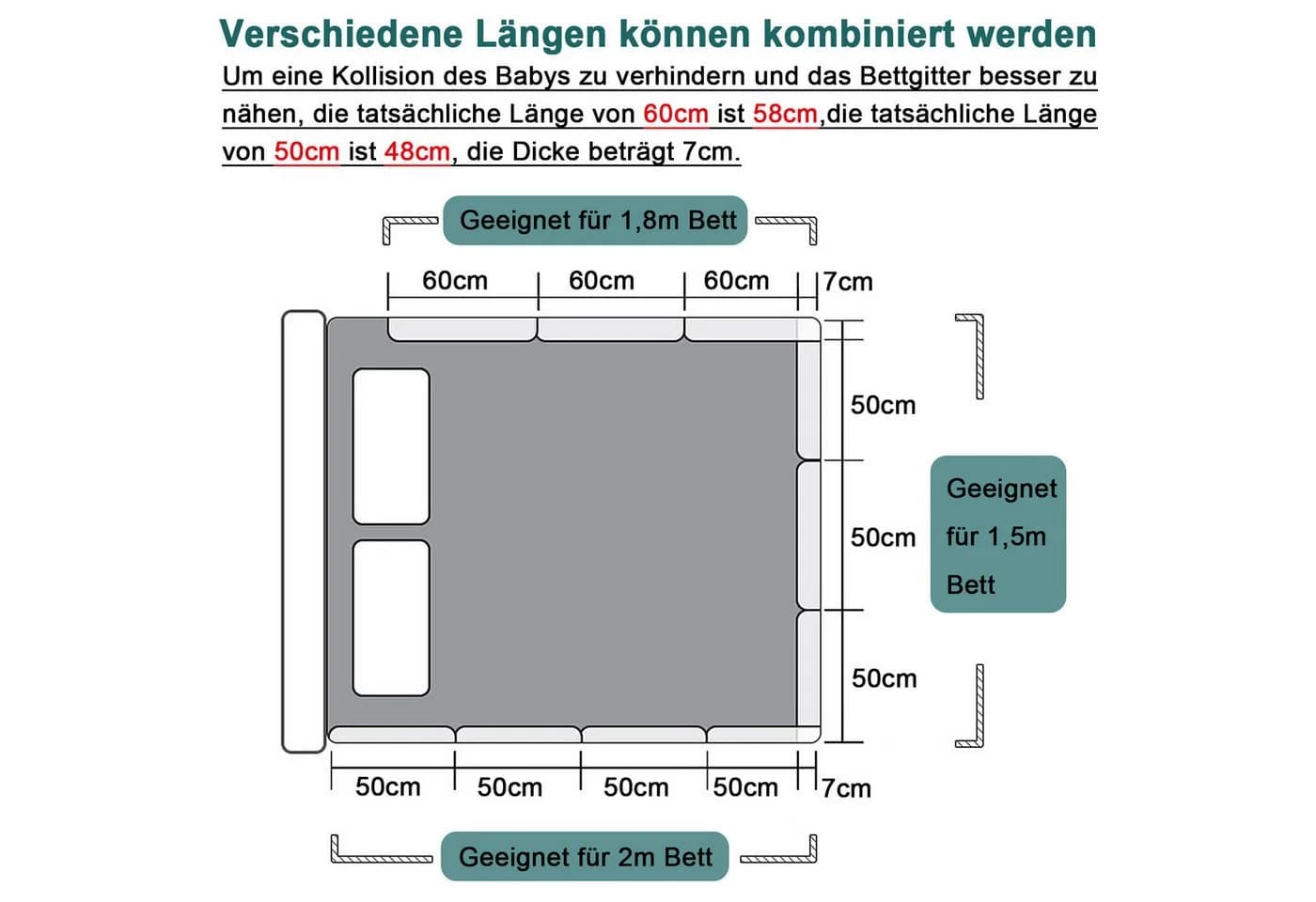 FIVMEN Bettschutzgitter 40-60cm Höhenverstellbar Leinengrau/Seegrün/Kirschrosa - Bild 4