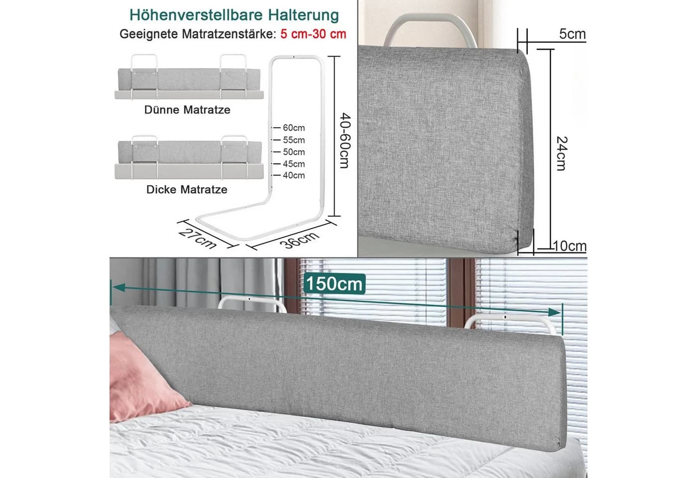 FIVMEN Bettschutzgitter Bettgitter Bettkantenschutz Höhenverstellbar Sicherheitsgeländer, für Kinder Bett, Leinengrau