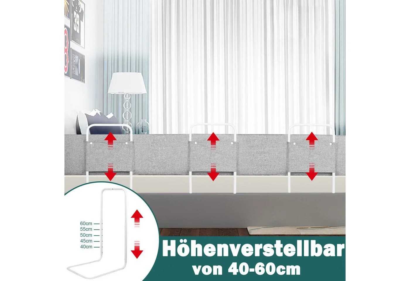 FIVMEN Bettschutzgitter Bettgitter Bettkantenschutz Höhenverstellbar Sicherheitsgeländer, für Kinder Bett, Leinengrau - Bild 3