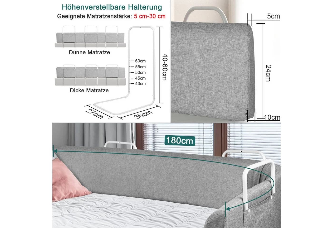 FIVMEN Bettschutzgitter Höhenverstellbar Leinengrau