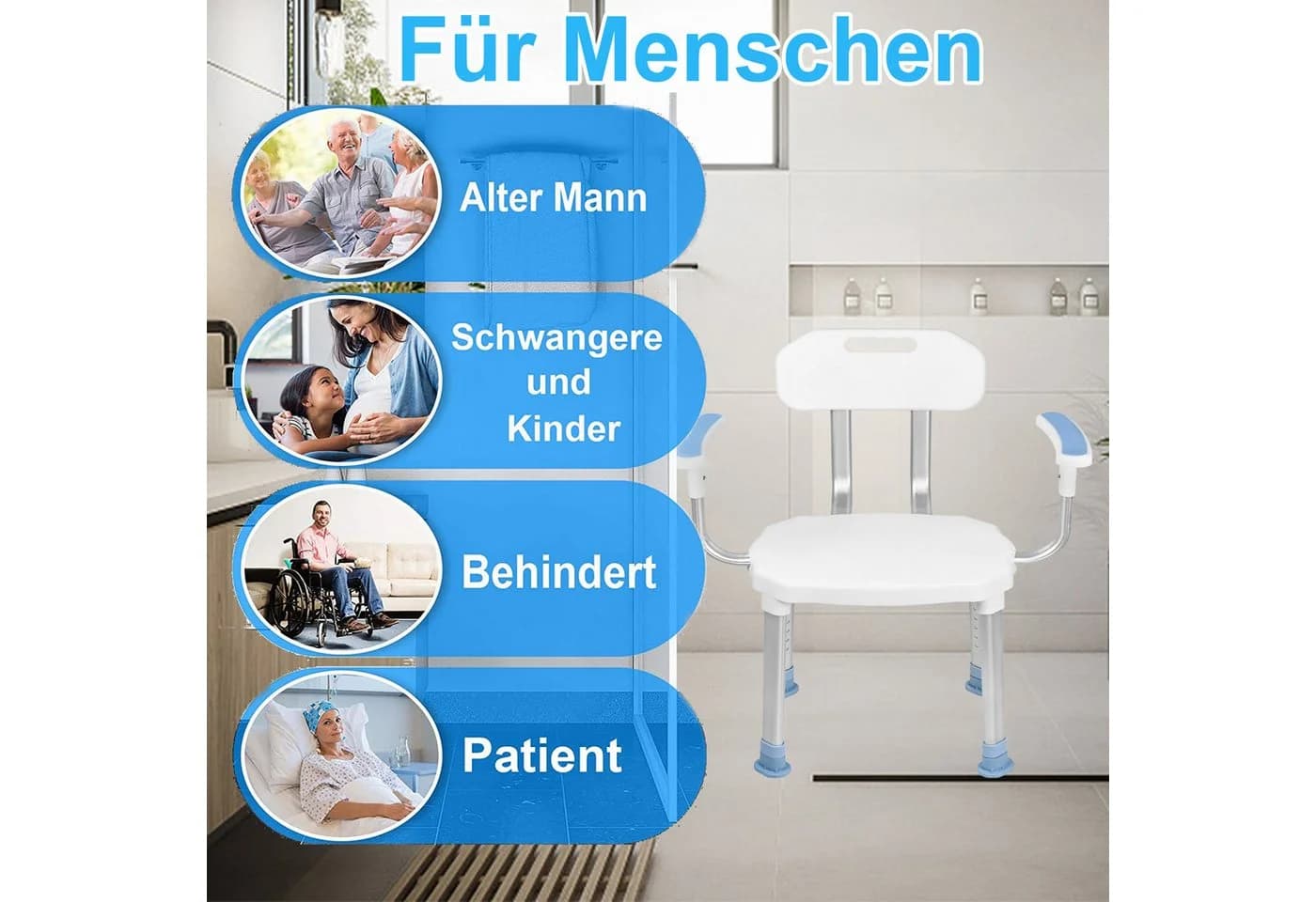 FIVMEN Duschstuhl höhenverstellbar mit Rückenlehne und Armlehne weiß - Bild 4