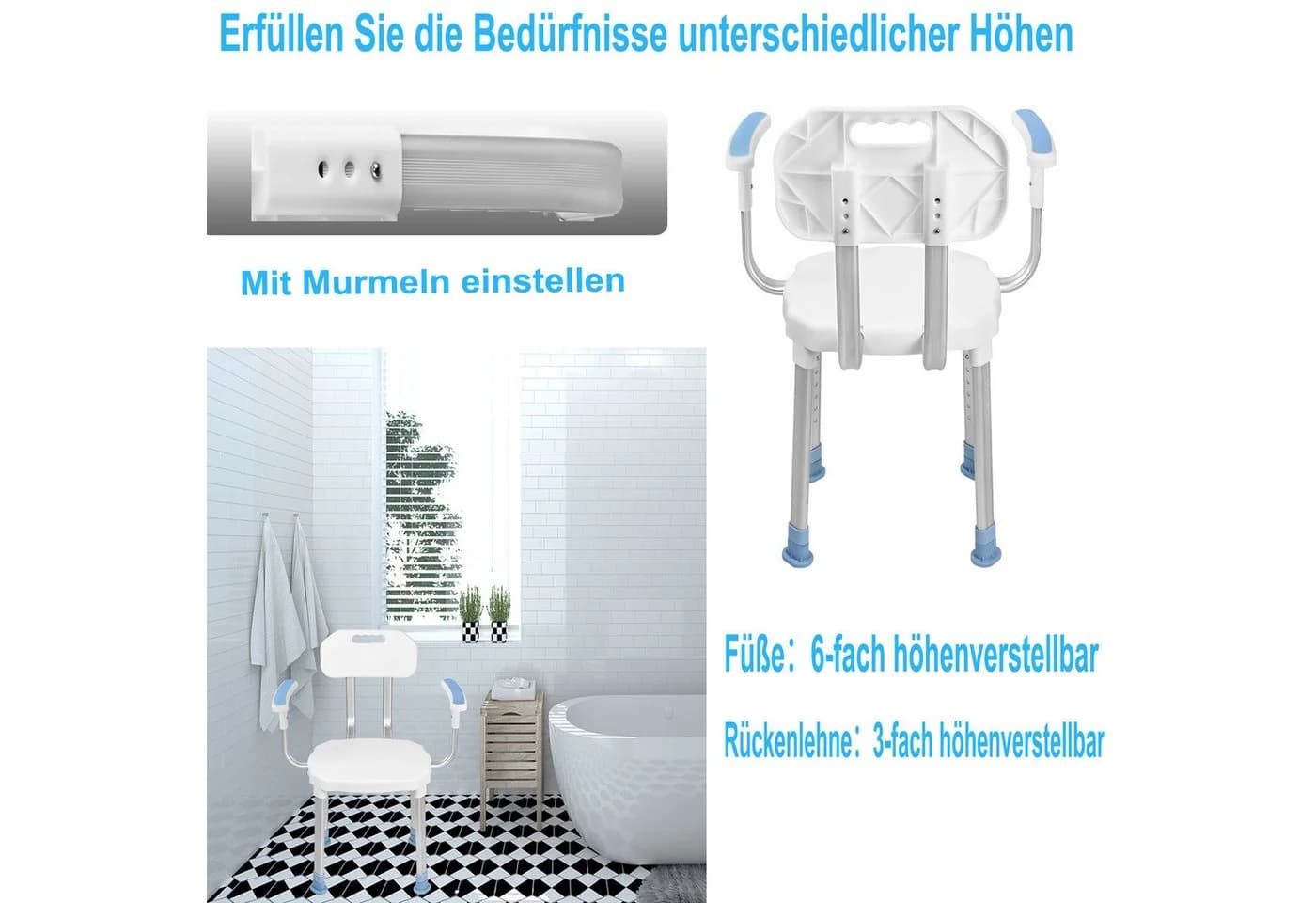 FIVMEN Duschstuhl höhenverstellbar mit Rückenlehne und Armlehne weiß - Bild 5