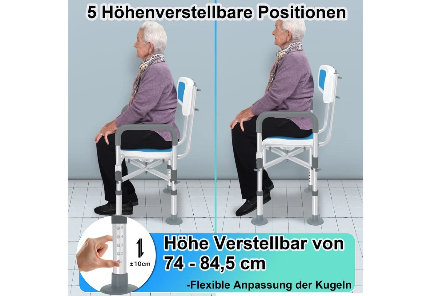 FIVMEN Duschhocker mit Rückenlehne & Armlehnen, 180 kg belastbar