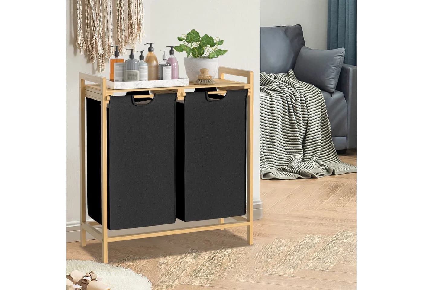 FIVMEN Wäschekorb 2 Fächer Bambus Beige Grau