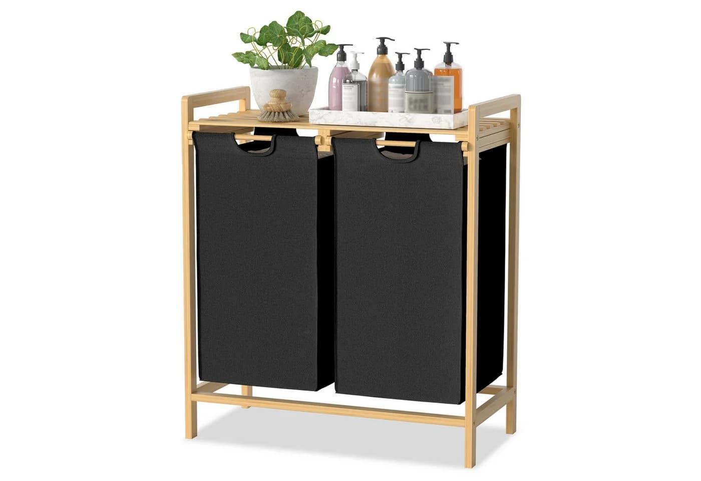 FIVMEN Wäschekorb 2 Fächer Bambus Beige Grau - Bild 2