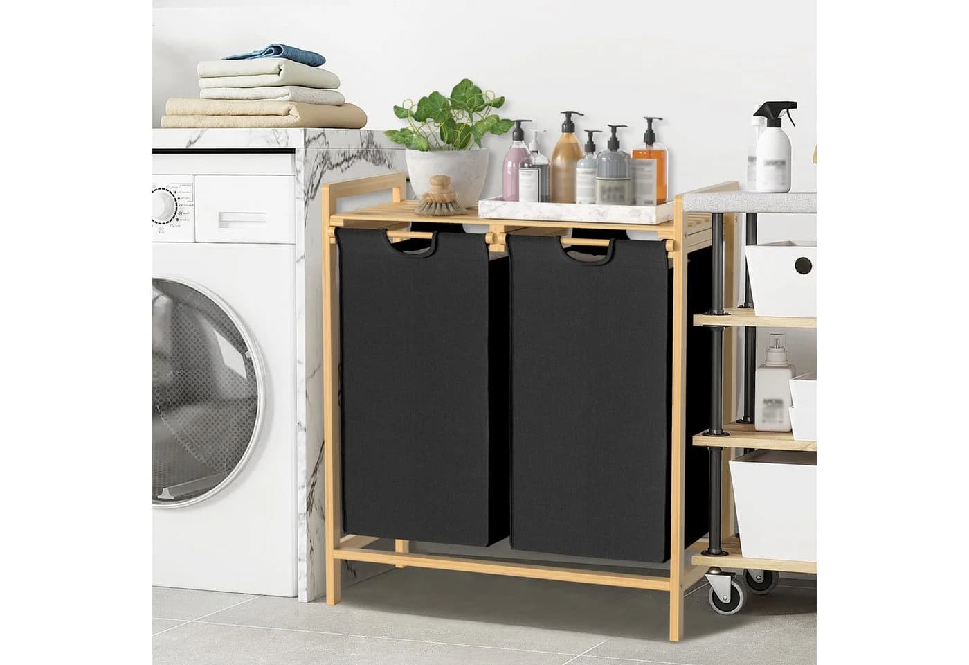 FIVMEN Wäschekorb 2 Fächer Bambus Beige Grau - Bild 4