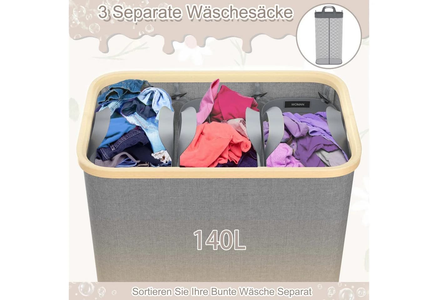 FIVMEN Wäschekorb 140L mit Deckel 3 Fächer - Bild 4