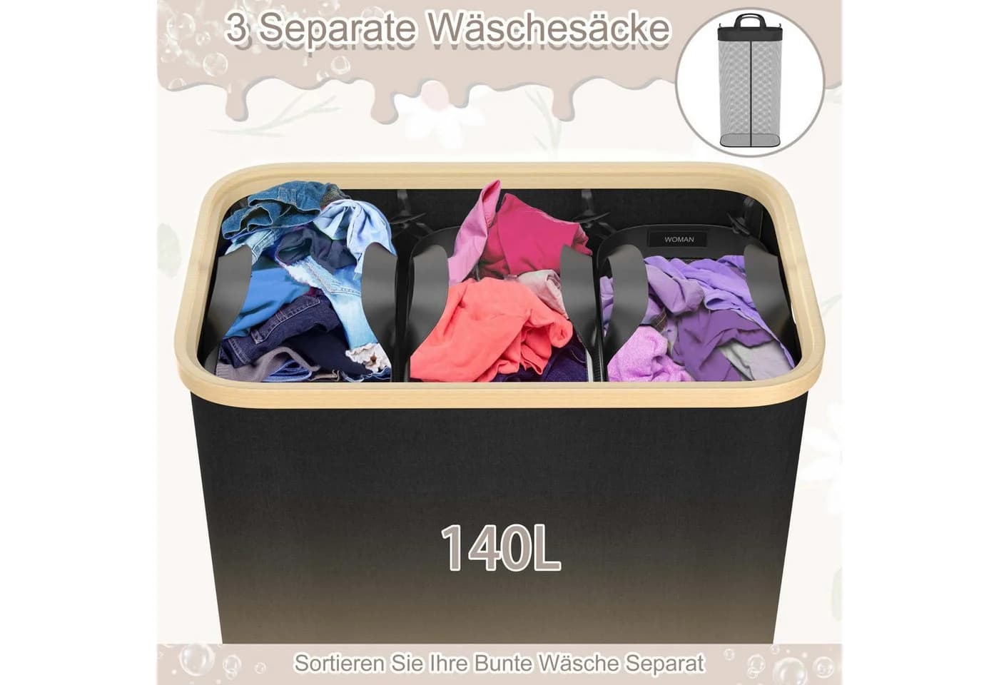 FIVMEN Wäschekorb 140L mit Deckel 3 Fächer - Bild 4
