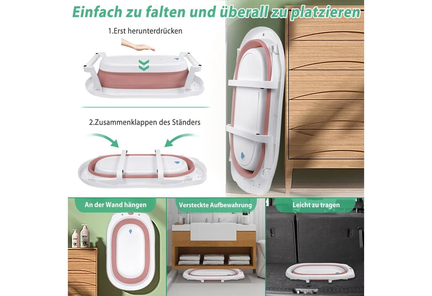 FIVMEN Babybadewanne Faltbare Babywanne Rosa Rutschfeste Füße - Bild 4