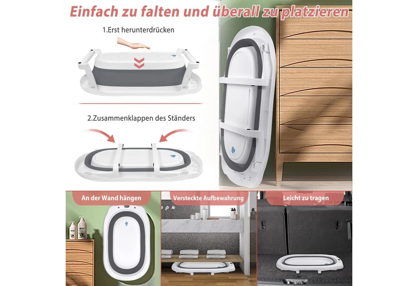 FIVMEN Faltbare Babybadewanne mit rutschfesten Füßen, inkl. Bade Sitzkissen, platzsparend - Bild 5