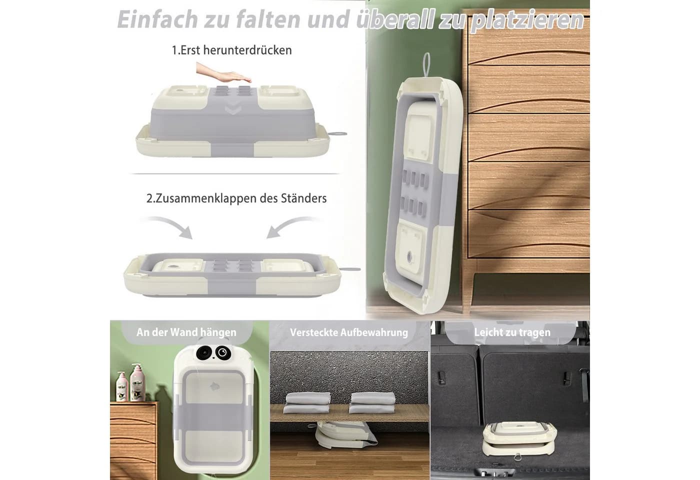 FIVMEN Babybadewanne Faltbar Mit Badekissen & Thermometer Grau/Weiß - Bild 5