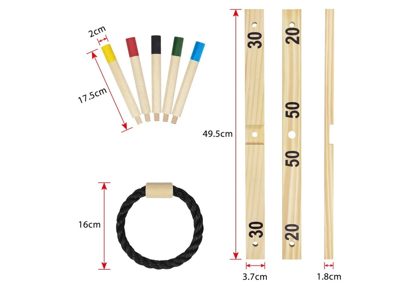 FIVMEN Ringwurfspiel aus Holz, 10-tlg. mit 5 Wurfringe und 5 Spielstäben