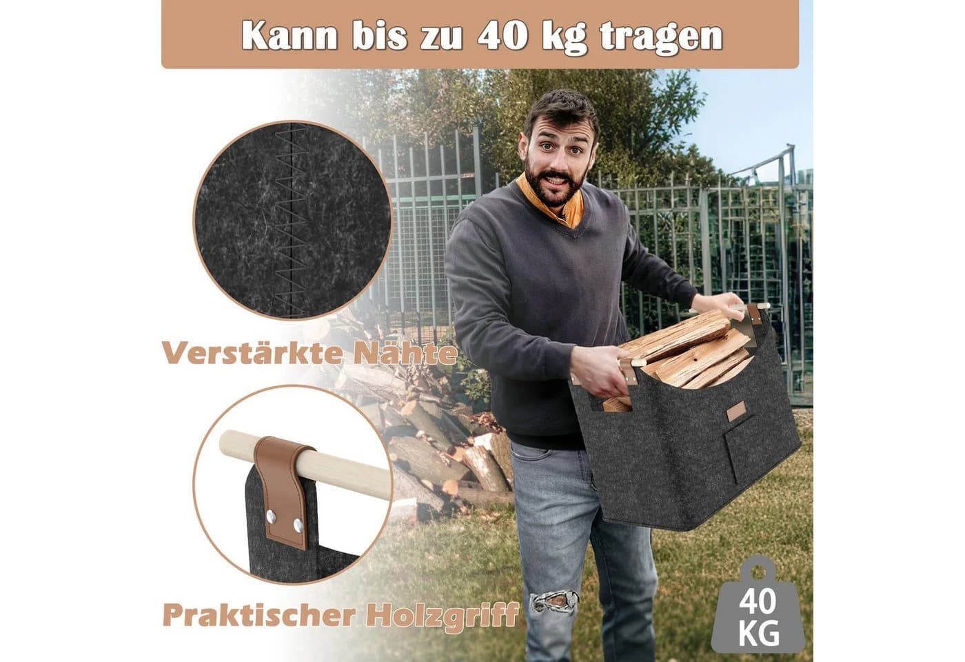 FIVMEN Kaminholzkorb 2-er Set XXL Faltbar Filz Dunkelgrau - Bild 4
