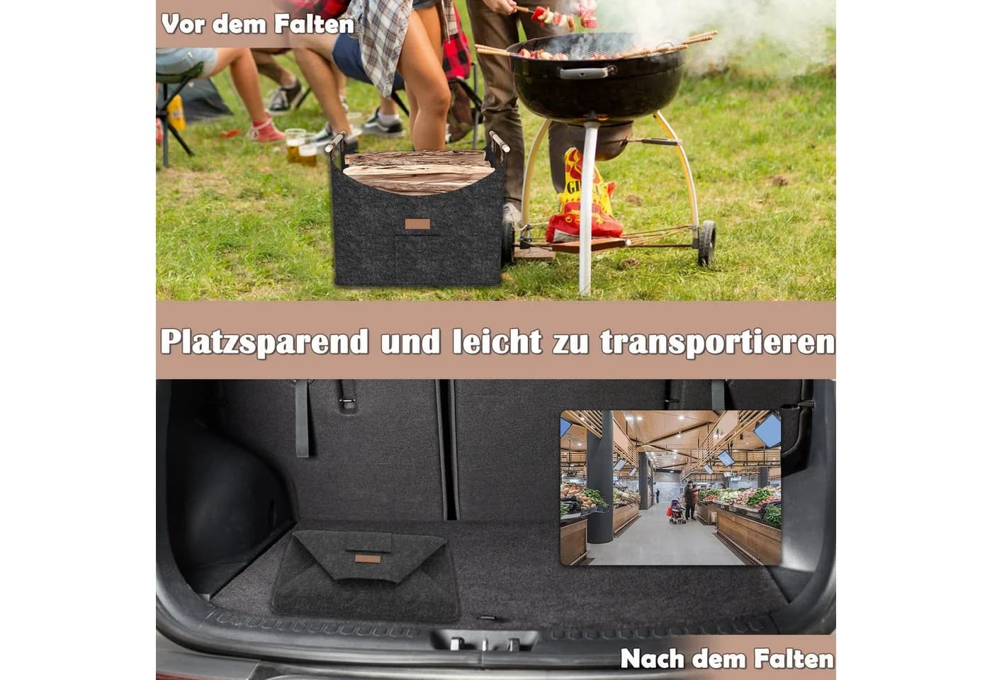 FIVMEN Kaminholzkorb 2-er Set XXL Faltbar Filz Dunkelgrau - Bild 5