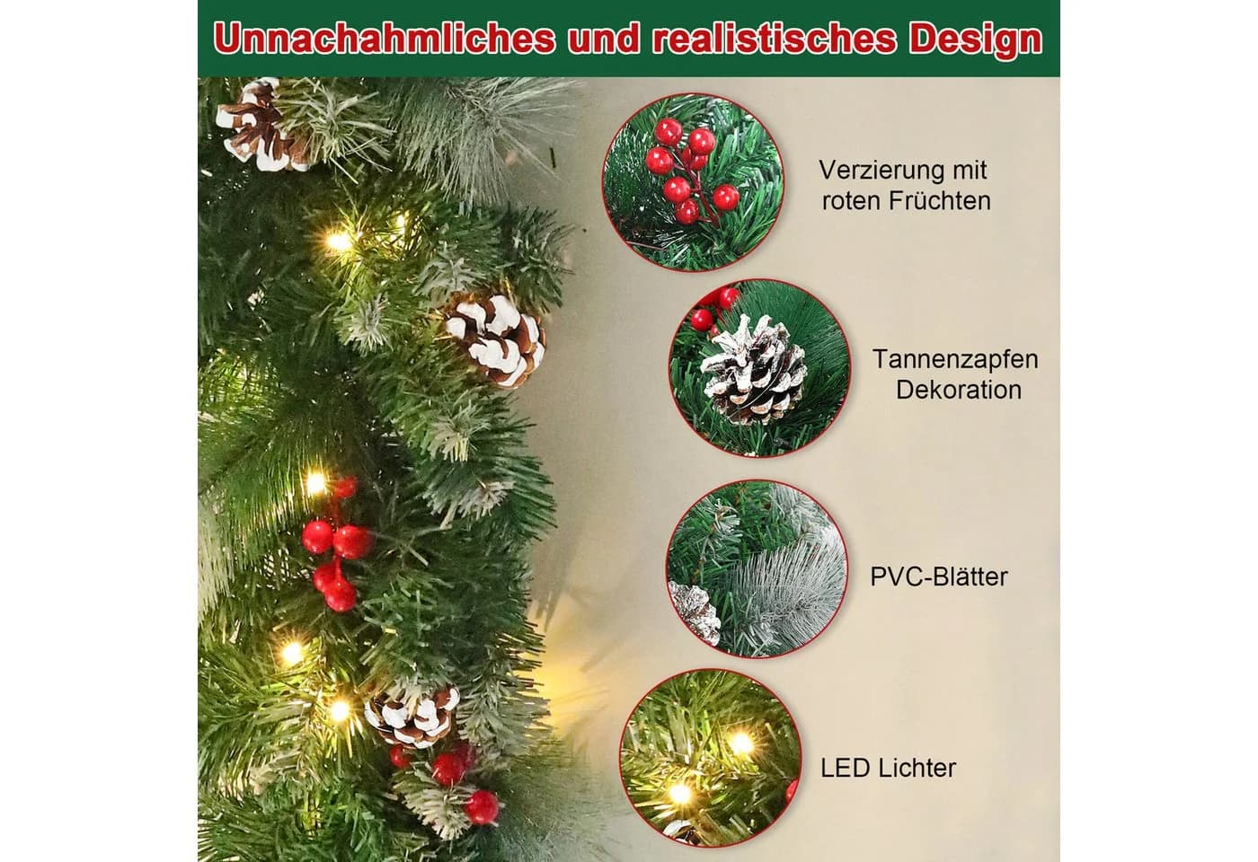 FIVMEN Kunstgirlande mit LED-Lichterkette, Weihnachtsdeko Tannengirlande - Bild 4