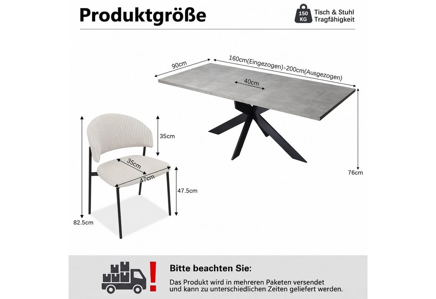Jiexi Essgruppe Ausziehbar 160-200cm Hell Rhein Cord Stühle - Bild 3