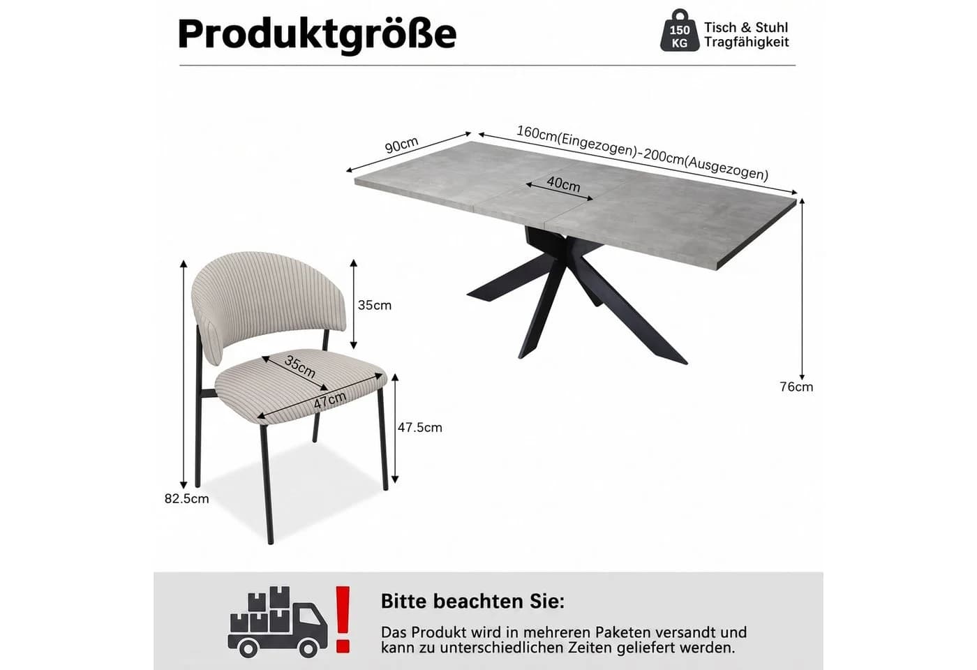 Jiexi Essgruppe Ausziehbar Hellgrau Cord Stühle - Bild 3