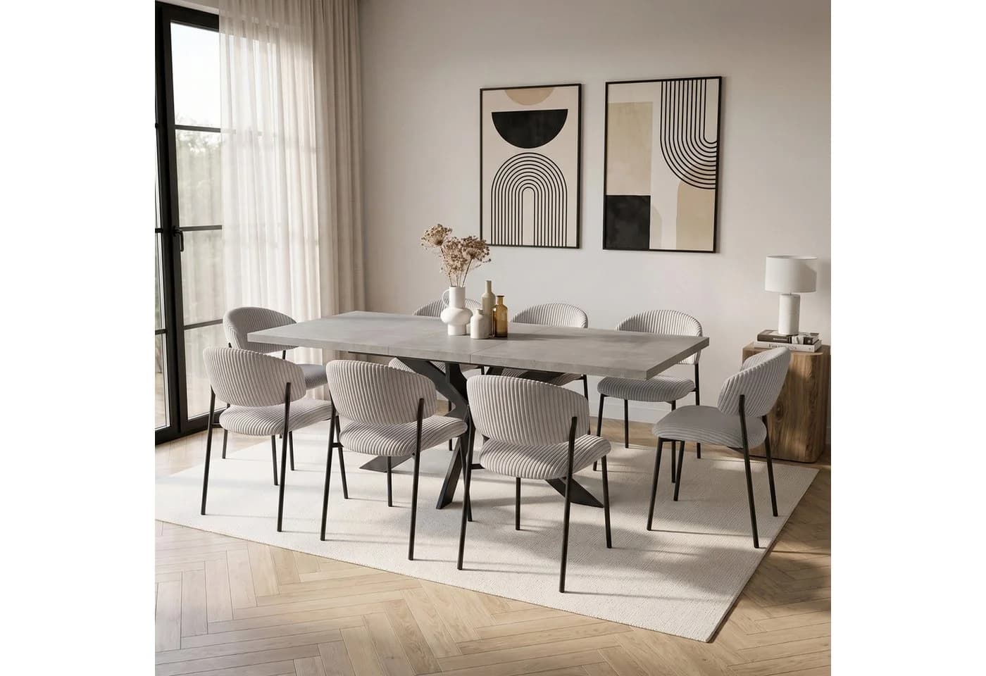 Jiexi Essgruppe Ausziehbar 160-200cm mit Cord Stühlen Grau/Schwarz
