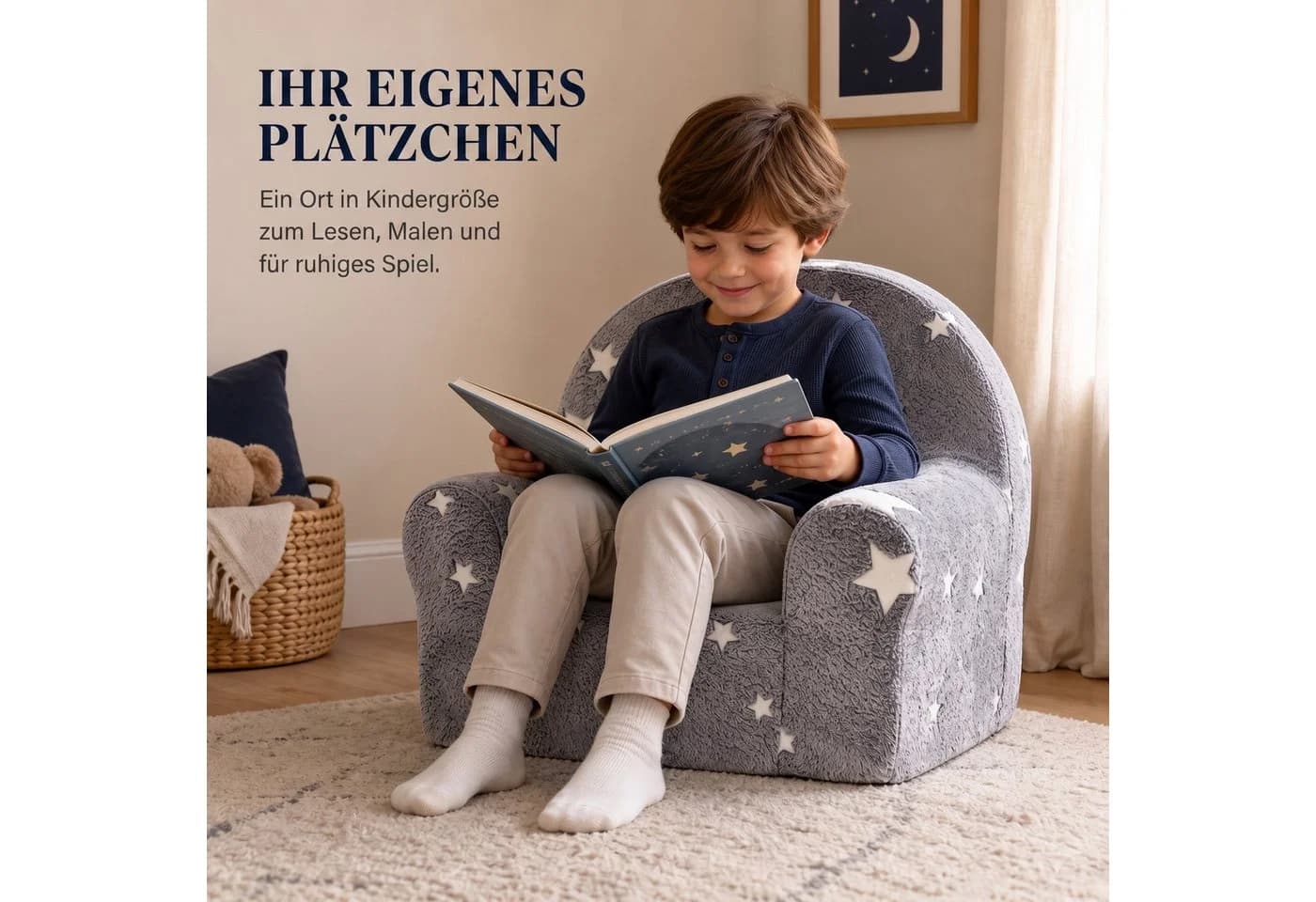 Jiexi Kindersessel Grau mit leuchtenden Sternen und Lamm-Fleece Bezug