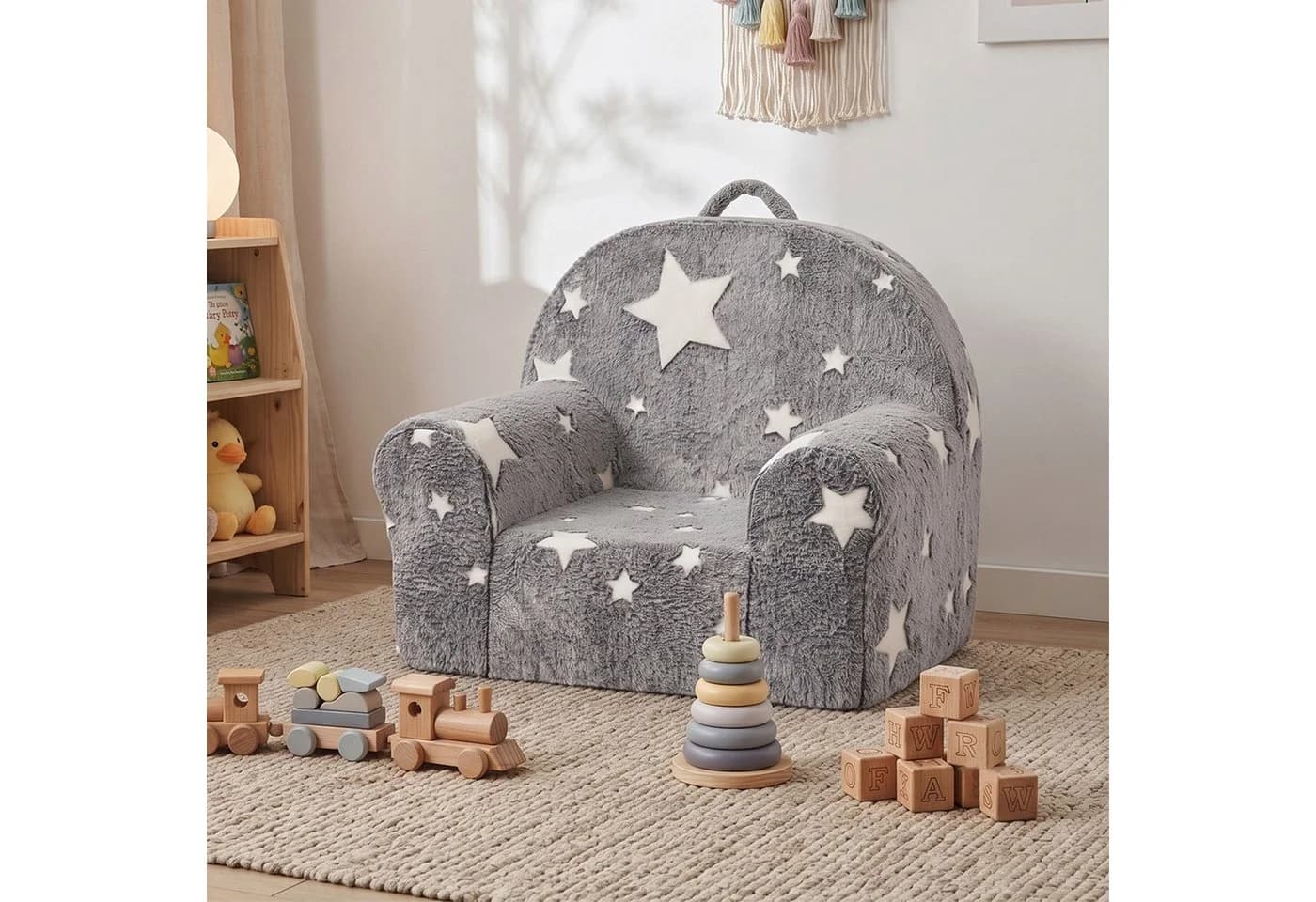 Jiexi Kindersessel Grau mit leuchtenden Sternen und Lamm-Fleece Bezug - Bild 2