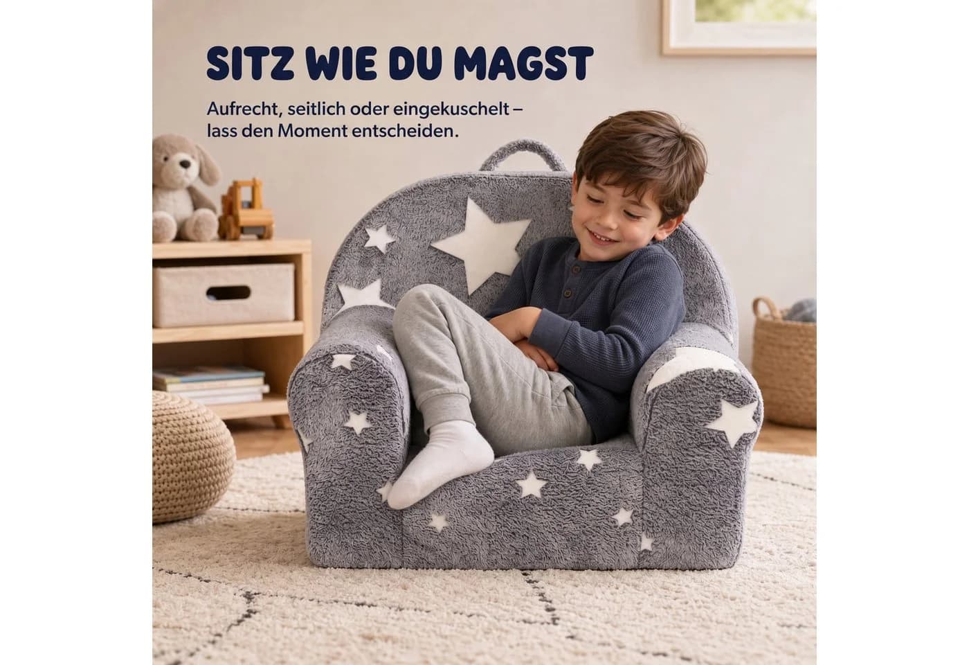 Jiexi Kindersessel Grau mit leuchtenden Sternen und Lamm-Fleece Bezug - Bild 4